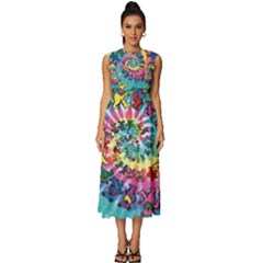 Grateful Dead Bears Tie Dye Vibrant Spiral Sleeveless Round Neck Midi Dress by Bedest