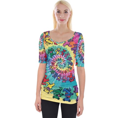 Grateful Dead Bears Tie Dye Vibrant Spiral Wide Neckline T-shirt by Bedest