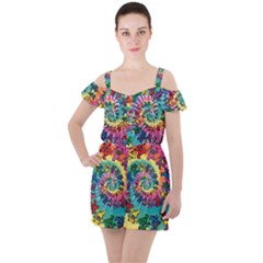 Grateful Dead Bears Tie Dye Vibrant Spiral Ruffle Cut Out Chiffon Playsuit by Bedest