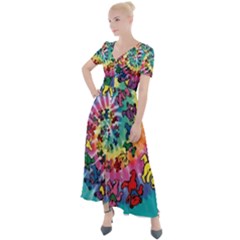 Grateful Dead Bears Tie Dye Vibrant Spiral Button Up Short Sleeve Maxi Dress by Bedest