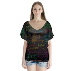 Mathematical Colorful Formulas Drawn By Hand Black Chalkboard V-neck Flutter Sleeve Top by Ravend