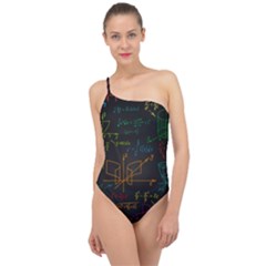 Mathematical Colorful Formulas Drawn By Hand Black Chalkboard Classic One Shoulder Swimsuit by Ravend