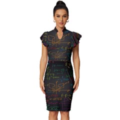 Mathematical Colorful Formulas Drawn By Hand Black Chalkboard Vintage Frill Sleeve V-neck Bodycon Dress by Ravend