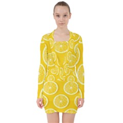 Lemon Fruits Slice Seamless Pattern V-neck Bodycon Long Sleeve Dress by Ravend