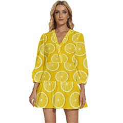 Lemon Fruits Slice Seamless Pattern V-neck Placket Mini Dress by Ravend