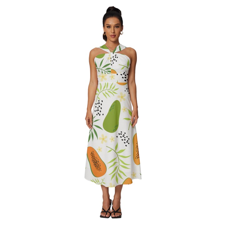 Seamless Tropical Pattern With Papaya Sleeveless Cross Front Cocktail Midi Chiffon Dress