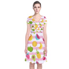 Tropical Fruits Berries Seamless Pattern Short Sleeve Front Wrap Dress by Ravend