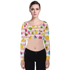 Tropical Fruits Berries Seamless Pattern Velvet Long Sleeve Crop Top by Ravend