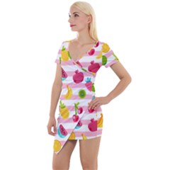 Tropical Fruits Berries Seamless Pattern Short Sleeve Asymmetric Mini Dress by Ravend