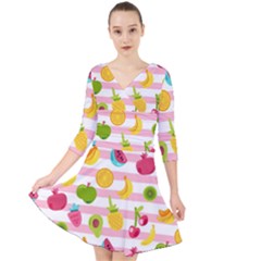 Tropical Fruits Berries Seamless Pattern Quarter Sleeve Front Wrap Dress by Ravend