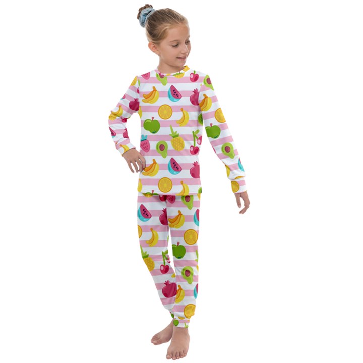 Tropical Fruits Berries Seamless Pattern Kids  Long Sleeve Set 