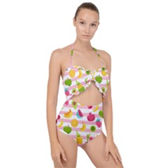 Tropical Fruits Berries Seamless Pattern Scallop Top Cut Out Swimsuit by Ravend