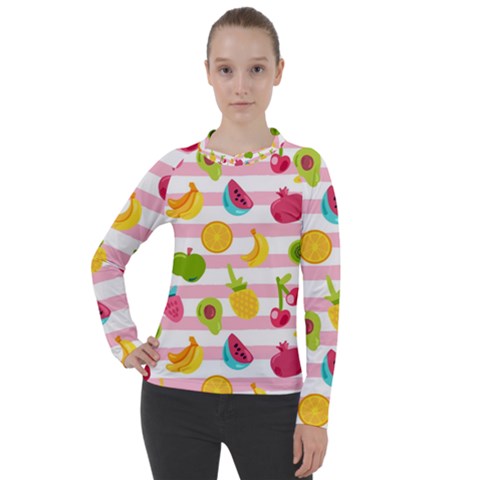 Tropical Fruits Berries Seamless Pattern Women s Pique Long Sleeve T-shirt by Ravend