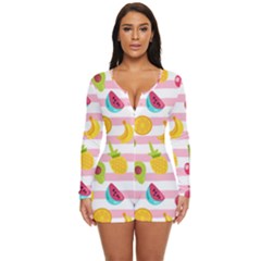 Tropical Fruits Berries Seamless Pattern Long Sleeve Boyleg Swimsuit by Ravend