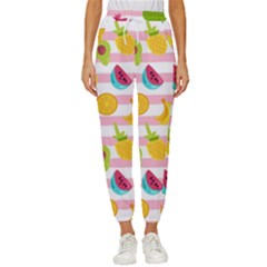 Tropical Fruits Berries Seamless Pattern Women s Cropped Drawstring Pants by Ravend