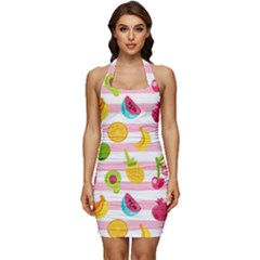 Tropical Fruits Berries Seamless Pattern Sleeveless Wide Square Neckline Ruched Bodycon Dress by Ravend