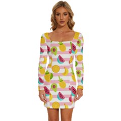 Tropical Fruits Berries Seamless Pattern Long Sleeve Square Neck Bodycon Velvet Dress by Ravend