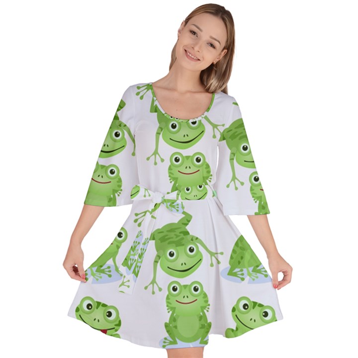 Cute Green Frogs Seamless Pattern Velour Kimono Dress