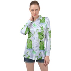 Cute Green Frogs Seamless Pattern Long Sleeve Satin Shirt