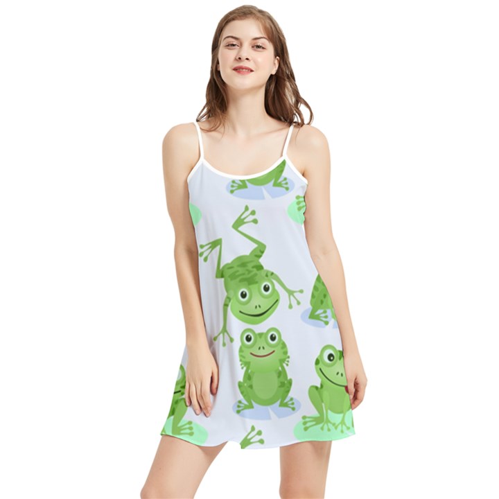 Cute Green Frogs Seamless Pattern Summer Frill Dress