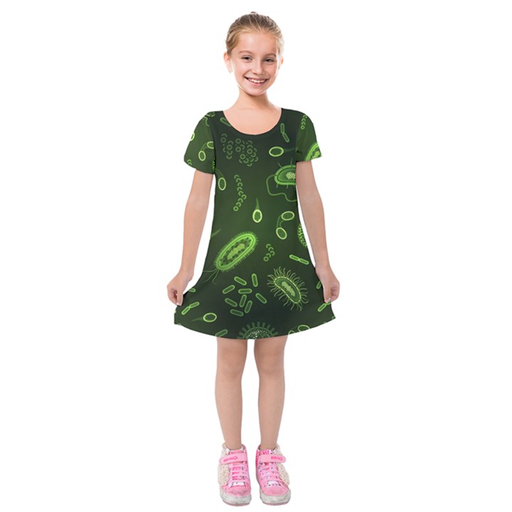 Bacteria Virus Seamless Pattern Inversion Kids  Short Sleeve Velvet Dress