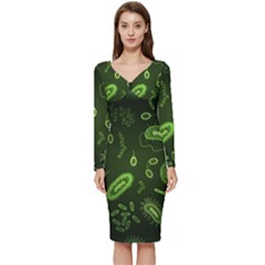 Bacteria Virus Seamless Pattern Inversion Long Sleeve V-neck Bodycon Dress  by Ravend