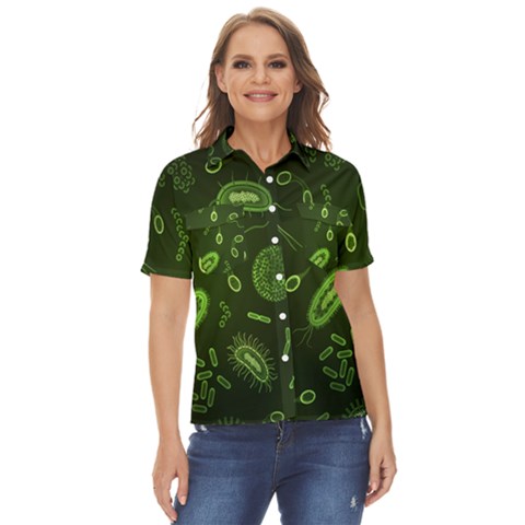 Bacteria Virus Seamless Pattern Inversion Women s Short Sleeve Double Pocket Shirt by Ravend