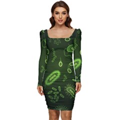 Bacteria Virus Seamless Pattern Inversion Women Long Sleeve Ruched Stretch Jersey Dress by Ravend