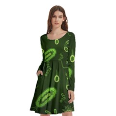 Bacteria Virus Seamless Pattern Inversion Long Sleeve Knee Length Skater Dress With Pockets by Ravend