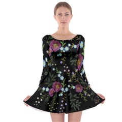 Embroidery Trend Floral Pattern Small Branches Herb Rose Long Sleeve Skater Dress by Apen