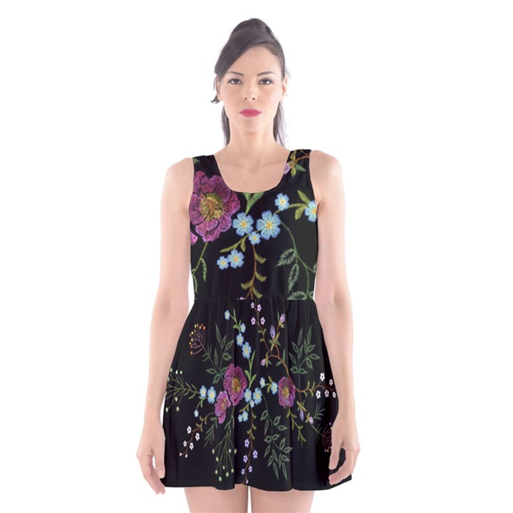 Embroidery Trend Floral Pattern Small Branches Herb Rose Scoop Neck Skater Dress