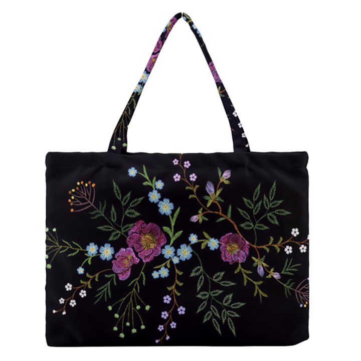 Embroidery Trend Floral Pattern Small Branches Herb Rose Zipper Medium Tote Bag