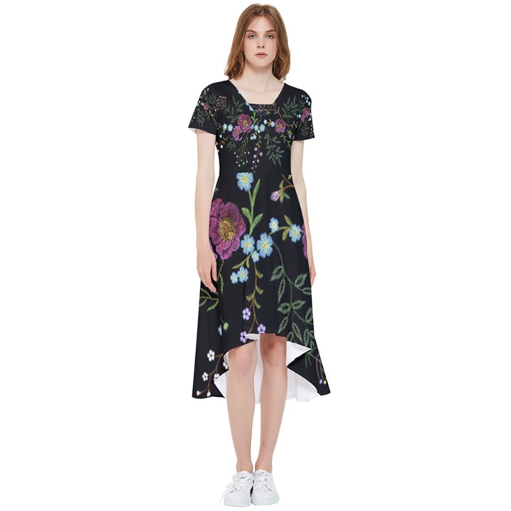 Embroidery Trend Floral Pattern Small Branches Herb Rose High Low Boho Dress