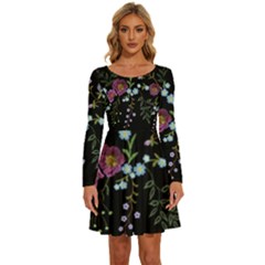 Embroidery Trend Floral Pattern Small Branches Herb Rose Long Sleeve Wide Neck Velvet Dress by Apen