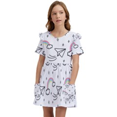 Abstract Classic Blue Background Kids  Frilly Sleeves Pocket Dress by Apen