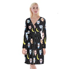 Cute Art Print Pattern Long Sleeve Velvet Front Wrap Dress by Apen