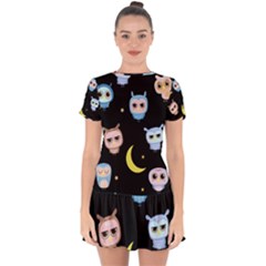 Cute Art Print Pattern Drop Hem Mini Chiffon Dress by Apen