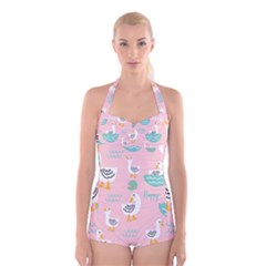 Cute Owl Doodles With Moon Star Seamless Pattern Boyleg Halter Swimsuit  by Apen