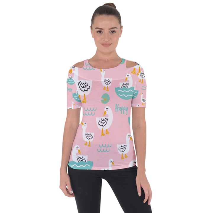 Cute Owl Doodles With Moon Star Seamless Pattern Shoulder Cut Out Short Sleeve Top