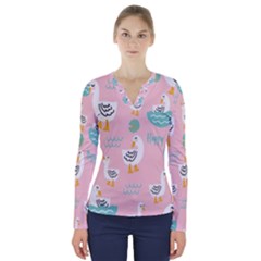 Cute Owl Doodles With Moon Star Seamless Pattern V-neck Long Sleeve Top by Apen