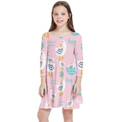 Cute Owl Doodles With Moon Star Seamless Pattern Kids  Quarter Sleeve Skater Dress by Apen