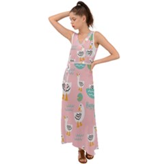 Cute Owl Doodles With Moon Star Seamless Pattern V-neck Chiffon Maxi Dress by Apen