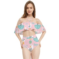 Cute Owl Doodles With Moon Star Seamless Pattern Halter Flowy Bikini Set  by Apen