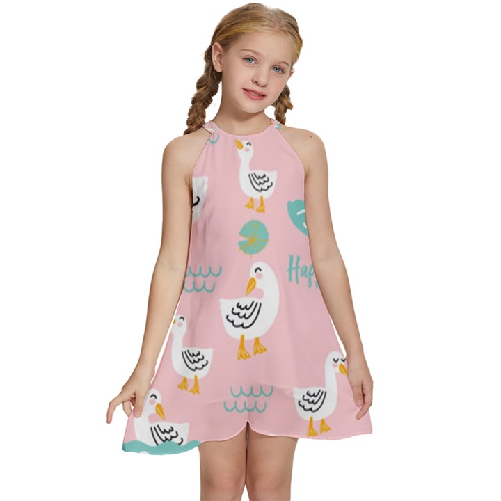 Cute Owl Doodles With Moon Star Seamless Pattern Kids  Halter Collar Waist Tie Chiffon Dress