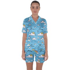 Seamless Pattern Vector Owl Cartoon With Bugs Satin Short Sleeve Pajamas Set by Apen