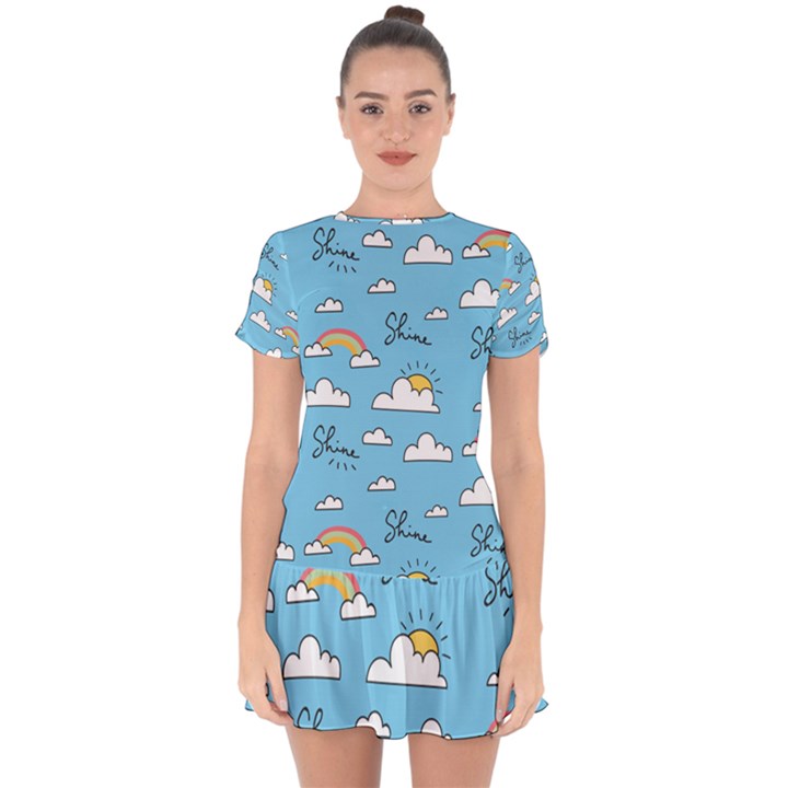 Seamless Pattern Vector Owl Cartoon With Bugs Drop Hem Mini Chiffon Dress