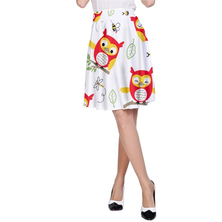 Seamless Pattern Vector Owl Cartoon With Bugs A-Line Skirt