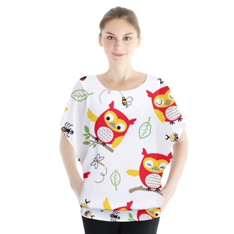 Seamless Pattern Vector Owl Cartoon With Bugs Batwing Chiffon Blouse by Apen