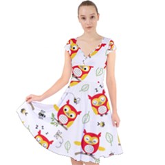 Seamless Pattern Vector Owl Cartoon With Bugs Cap Sleeve Front Wrap Midi Dress by Apen