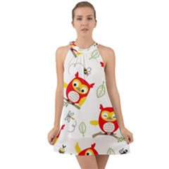 Seamless Pattern Vector Owl Cartoon With Bugs Halter Tie Back Chiffon Dress by Apen